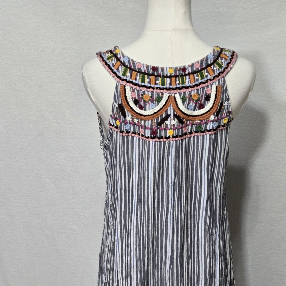 Kyla Seo Dress Womens Small Multicolor Embroidered Boho Stripe Cotton Swing - Picture 5 of 14